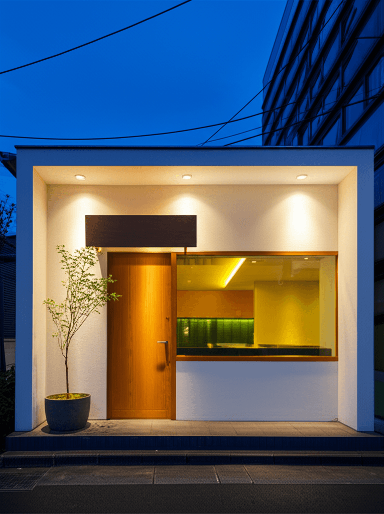 matchoya cafe exterior at dusk with warm lighting