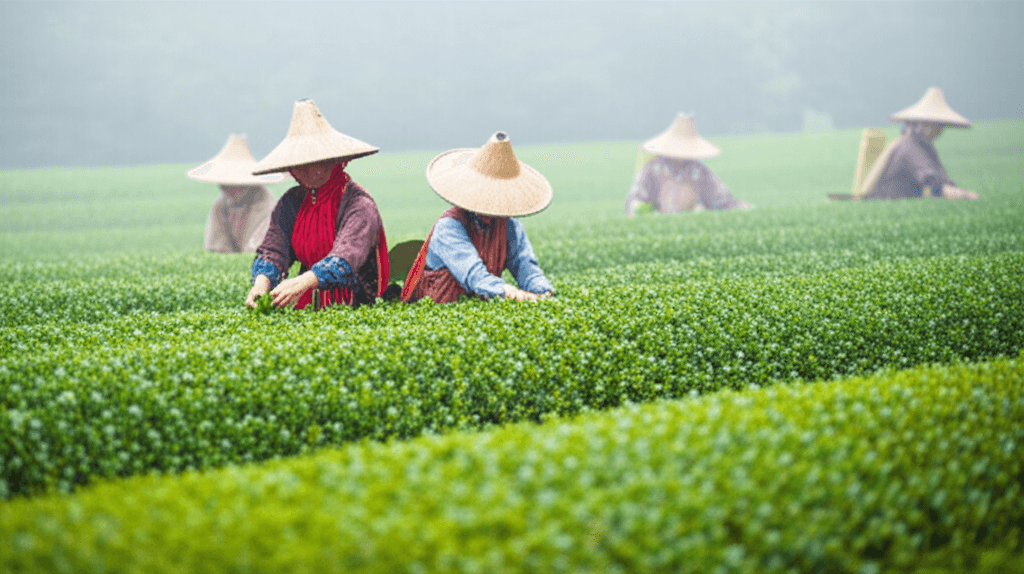uji tea farmers harvesting first-flush leaves